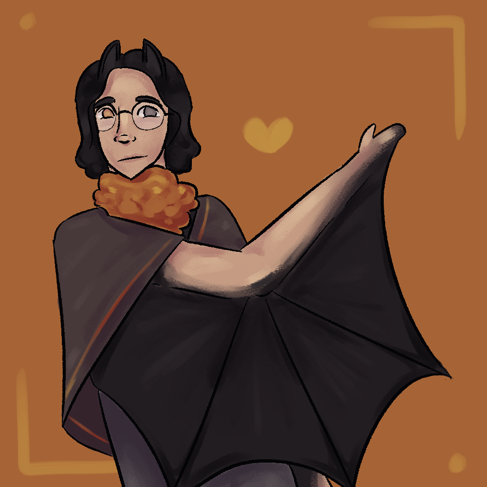 A drawing of a person from the torso up. Their right arm covers their body, and a black bat wing connected to the arm covers the rest of their body. Their body is twisted to the viewer's right.